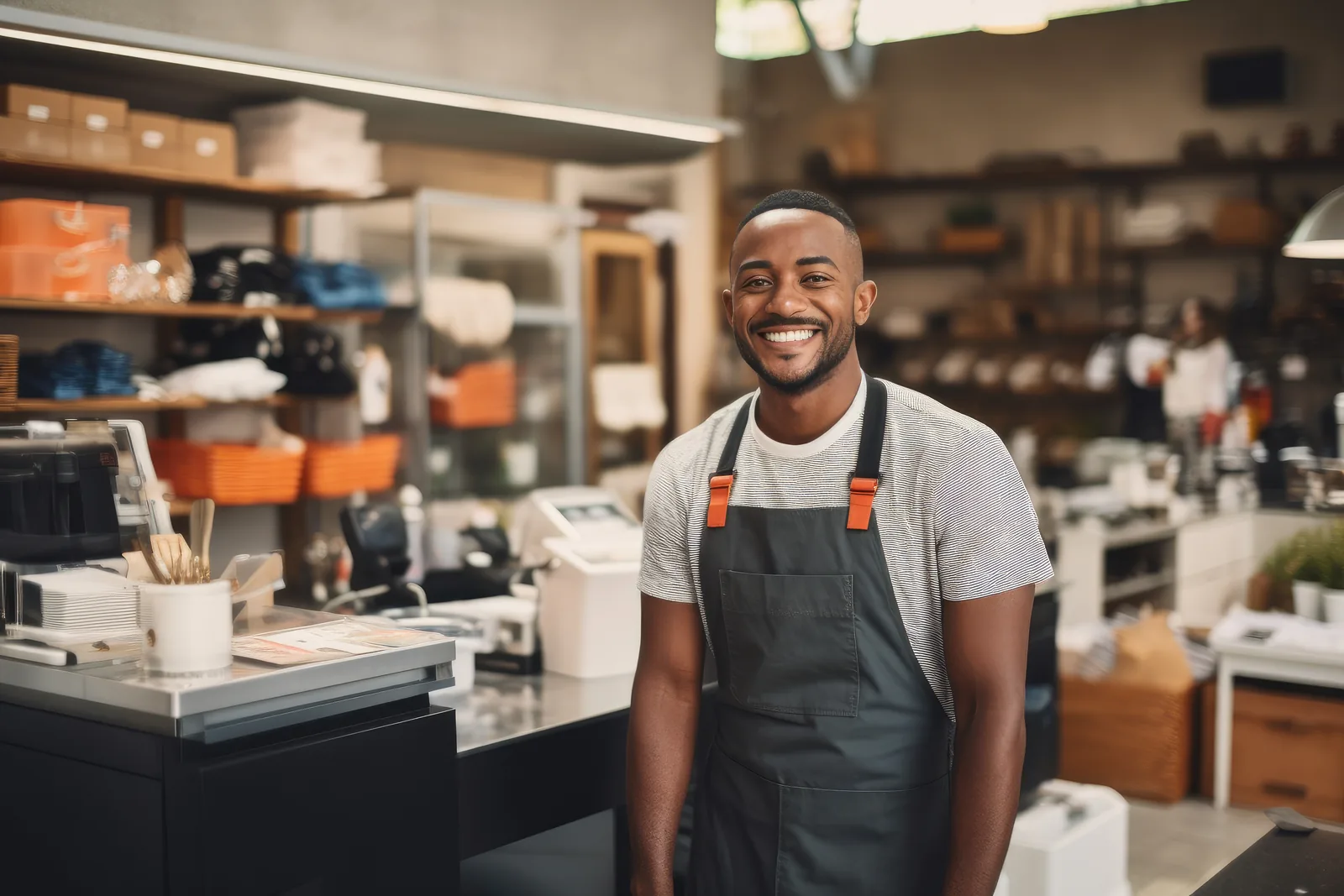 Retail store attendant smiling at counter